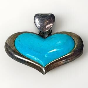 VTG Sterling Silver 925 Turquoise Heart Pendant- Southwestern Boho Style - 9.6g